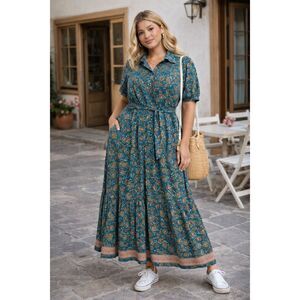 Teal Floral Maxi Dress XL | Flowy Button Front | Vacation Brunch Boho